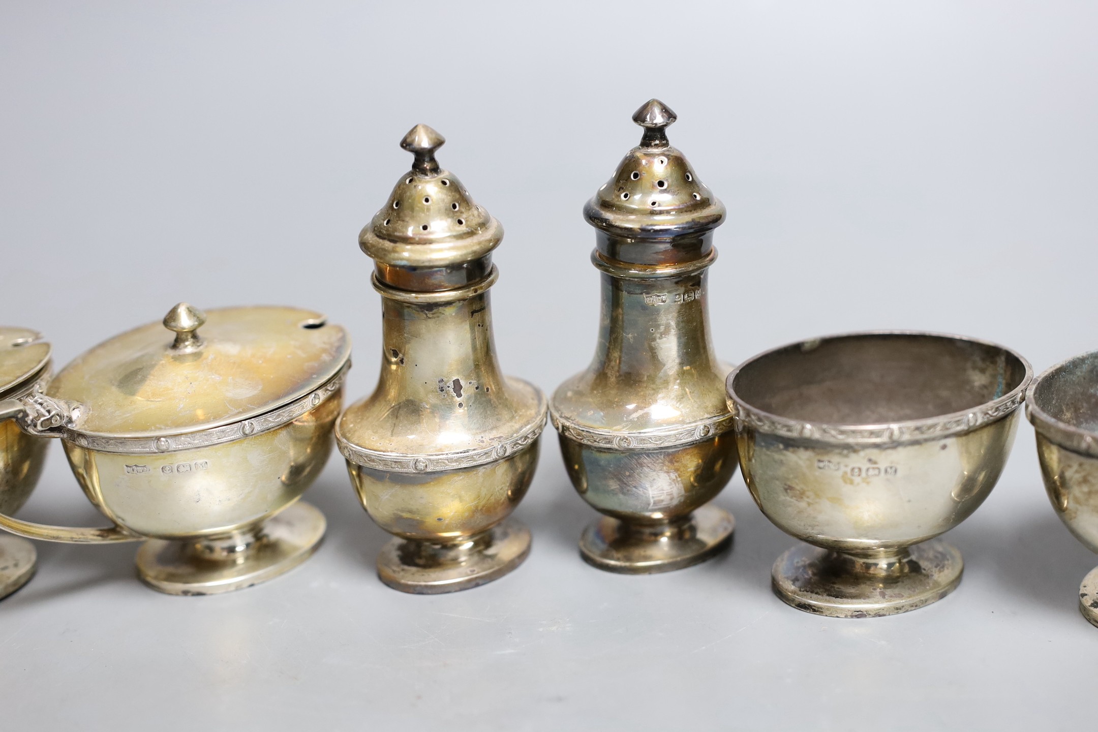 A 1930's silver six piece condiment set, Birmingham, 1936.